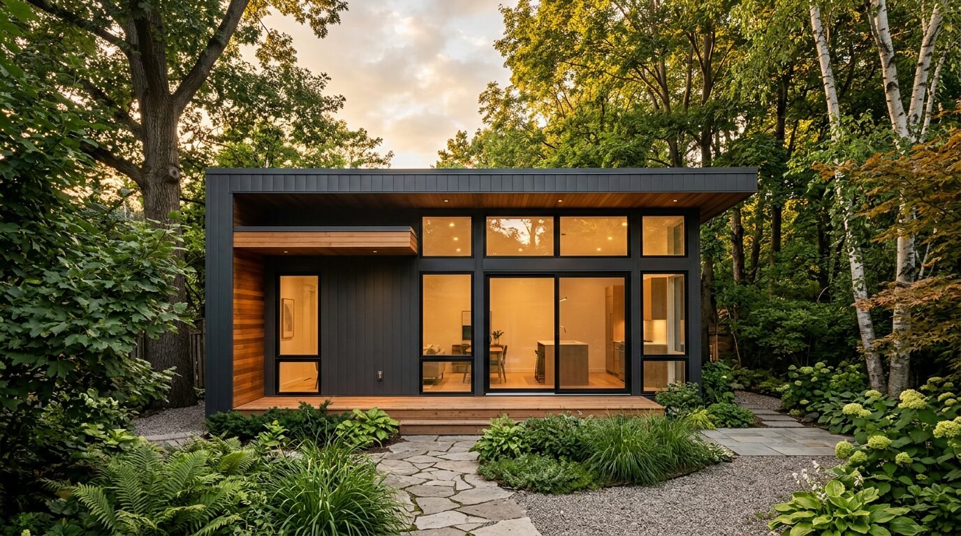 Modern Ontario garden suite at golden hour with warm interior glow