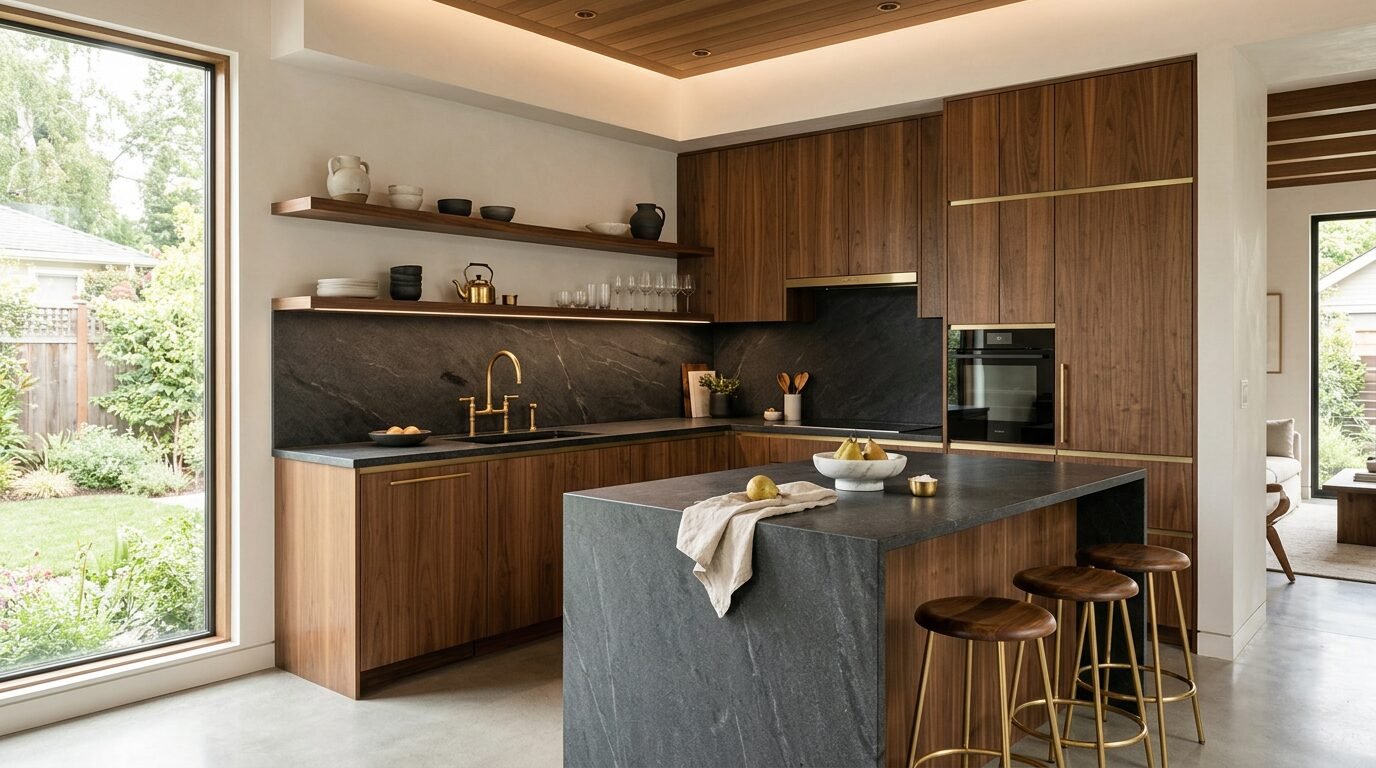 Warm, light-filled premium ADU interior with full kitchen and natural materials